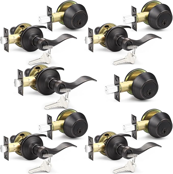 Probrico Exterior Door Lock Set Bronze Front Door Lock, Exterior Door Handle with Deadbolt Oil Rubbed Bronze, Entry Door Lever Single Cylinder, 5 Sets