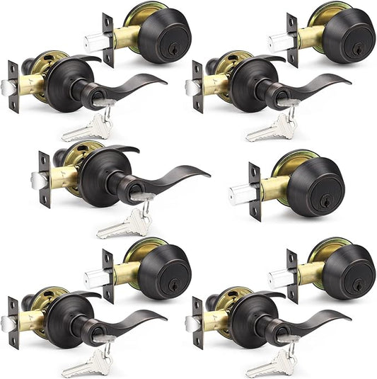 Probrico Exterior Door Lock Set Bronze Front Door Lock, Exterior Door Handle with Deadbolt Oil Rubbed Bronze, Entry Door Lever Single Cylinder, 5 Sets
