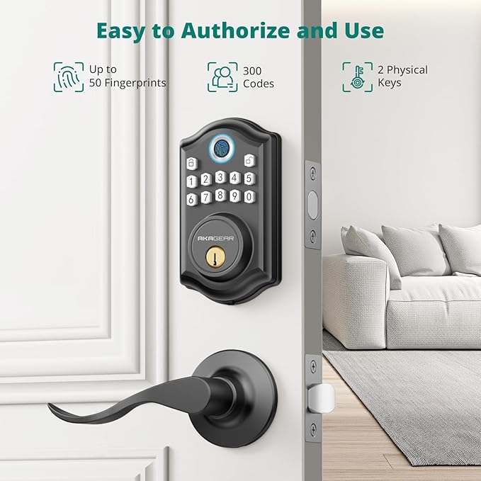 DS10 Keyless Entry Door Lock with Handle - 2 Lever Handles, Fingerprint Door Lock, Keypad Deadbolt, 2 Keys, Code, Smart Locks for Front Door, Auto-Lock, Easy Installation - Matte Black