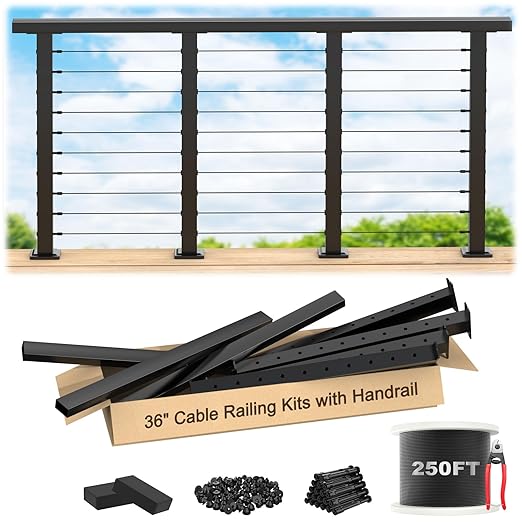 4.5FT Complete Set 36" Black Cable Railing Post Kit with Handrail Length Adjustable, 4pc Surface Mount Pre-Drilled Level Posts, Swageless Cable Railing System Kit, 250FT 1/8" Wire Rope,MY20-LP