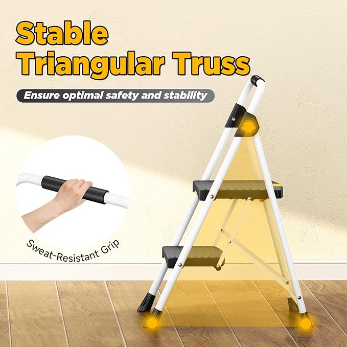 2 Step Ladder, Folding Steel Step Stool with Safety Lock, Anti-Slip Wide Pedals, Pass 800lbs Load Testing, Handrail, Heavy Duty Portable Ladder for Multi-Purpose, Indoor, Office, Kitchen