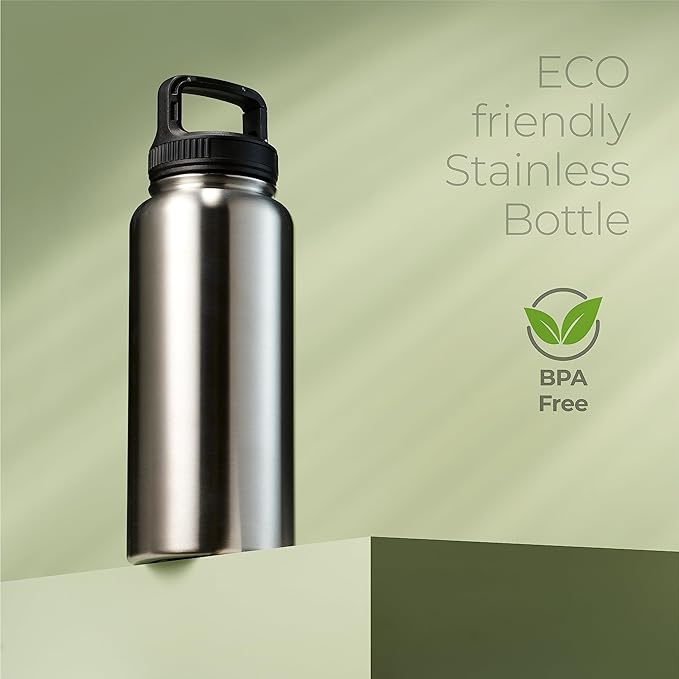 SipX™ Triple-Insulated Stainless Steel Water Bottle 32oz. With 3 Lids, BPA-Free Reusable Insulated Water Bottle Keeps Cold 24 Hours, Metal Water Bottle Made Of Sustainable Material For Hiking & Biking