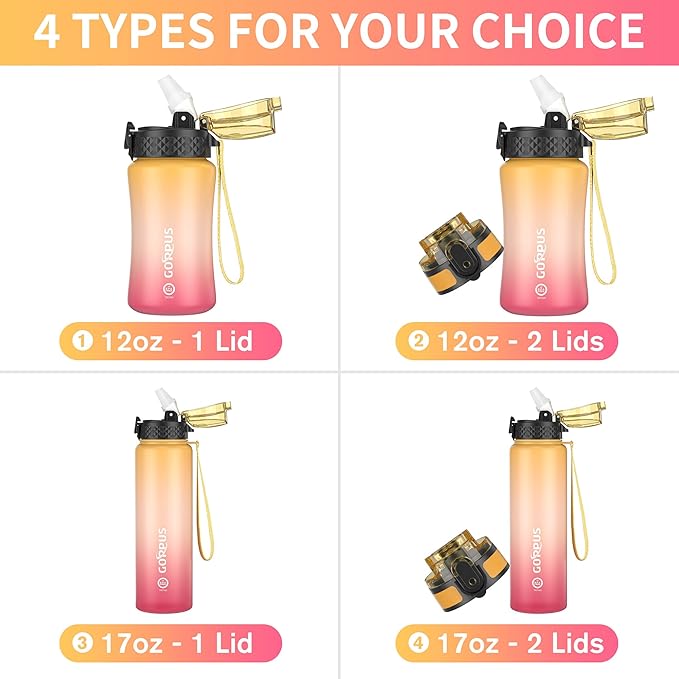 GOPPUS Kids Water Bottle with Straw Spout Lid 10pcs Stickers 12 oz Leak-proof BPA Free Motivational Time Marker Tritan Plastic Water Bottles for Girls Boys School Sports