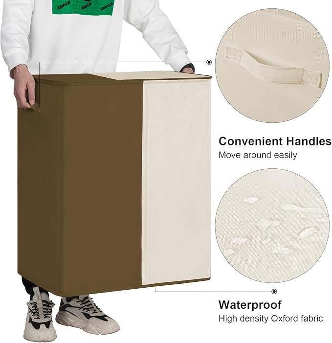 WOWLIVE Double Laundry Baseket with Lid and Removable Laundry Bags,154L Large Laundry Hamper 2 Section Collapsible Dirty Clothes Hamper for Laundry Room,College Dorm,Bathroom,Brown and Beige