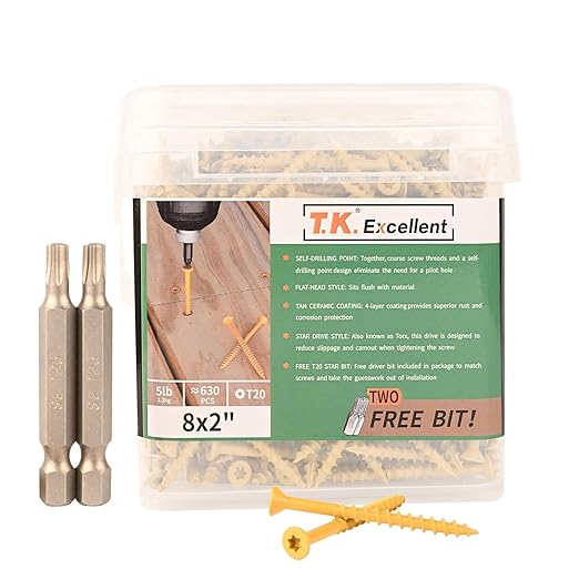 T.K.Excellent Deck Screws 2 Inch Wood Screws #8 x 2, 630 Pcs, Rust Resistant Structural Screw Fence Screw Torx Drive Screws, Two T20 Bits, Brilliant Yellow Ruspert Coating Rust Proof, 5lb Box