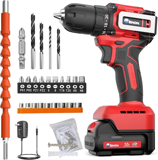 Brushless Cordless Drill Set,12V Power Drill Set with Battery and Charger, Electric Driver/Drill Bits, 3/8'' Keyless Chuck,20+1 Torque Setting, 300 inch-lbs, with LED Electric Drill Set (Red)