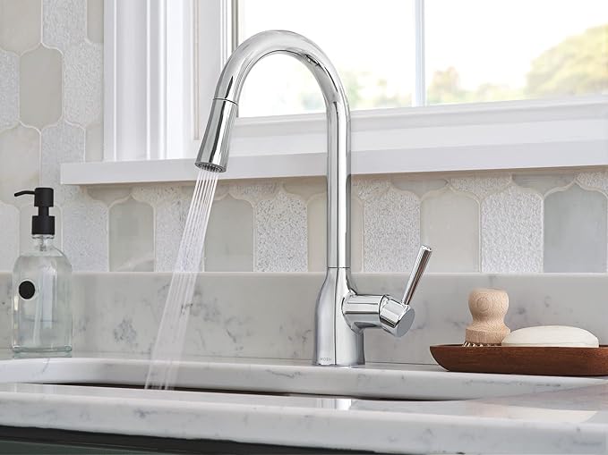 Moen 87233 Adler Chrome One-Handle High Arc Kitchen Sink Faucet Bundle with Moen 3942 Chrome Deck Mounted Kitchen Soap Dispenser with Above The Sink Refillable Bottle
