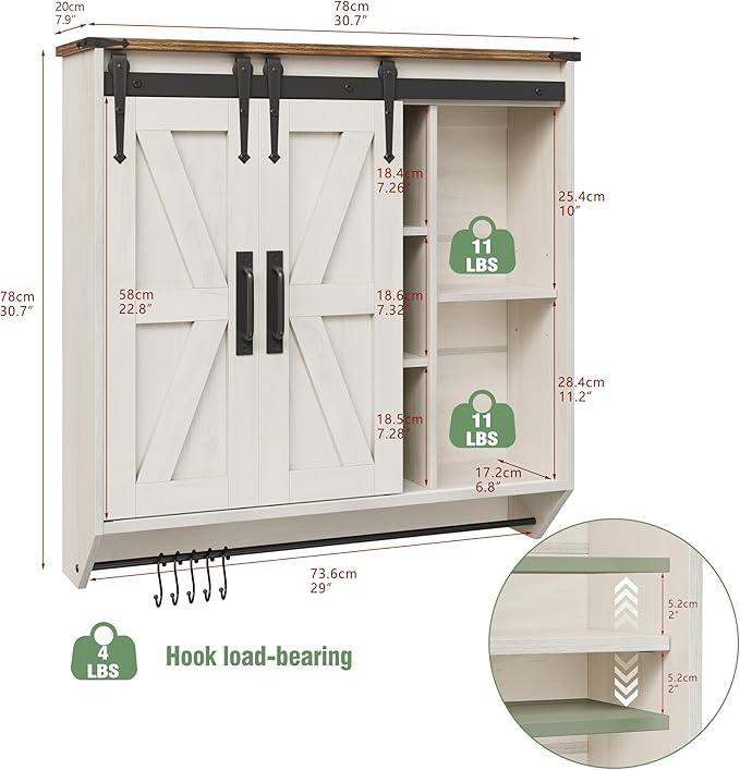 Farmhouse Medicine Cabinet 2 Sliding Barn Doors 3 Tier Rustic Wood Wall Storage Cabinet Adjustable Shelf Towel Bar Wall Mounted Bathroom Wall Cabinet (Antique White, 30.71 Inch)