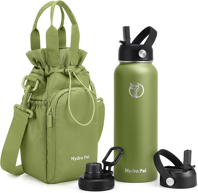 Insulated Water Bottles 32 oz with 2 Leak Proof Lids & Water Bottle Holder, Wide Mouth Sport Water Bottle with Straw, Reusable Stainless Steel Water Flask, Double Walled Vacuum Thermos