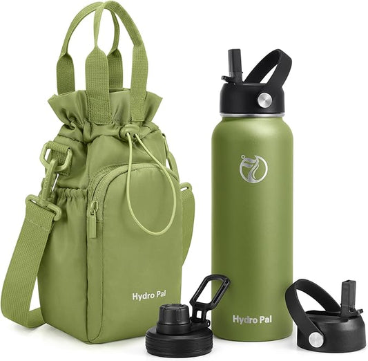 Insulated Water Bottles 32 oz with 2 Leak Proof Lids & Water Bottle Holder, Wide Mouth Sport Water Bottle with Straw, Reusable Stainless Steel Water Flask, Double Walled Vacuum Thermos