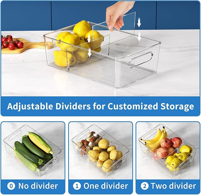 4 Pack Clear Pantry Organizers and Storage Bins with Divider, Transparent Plastic Basket, Refrigerator and Fridge Bins