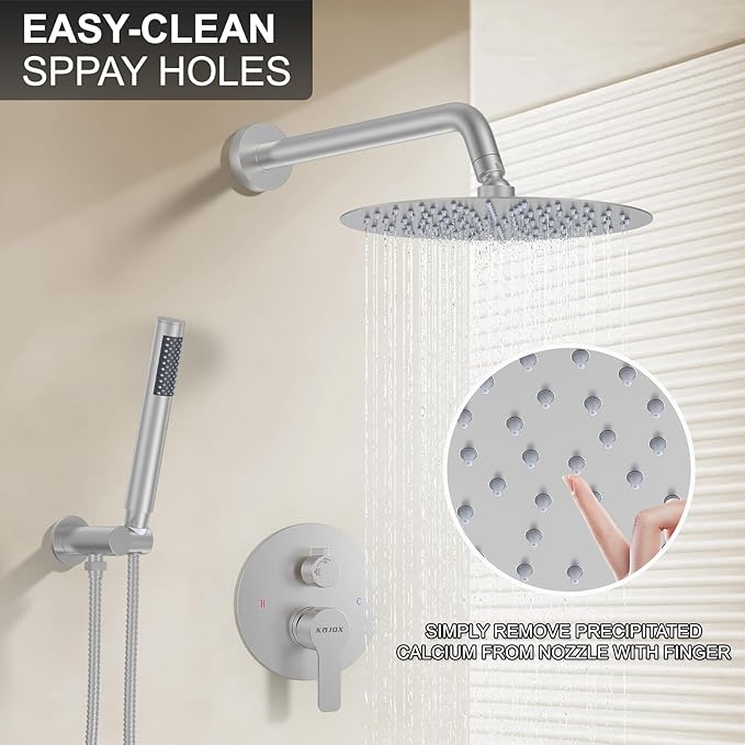 12-Inch Brushed Nickel Shower System: Ultimate High-Pressure Experience with Rainfall & Handheld Heads, Wall-Mounted Mixer, Rough-In Valve, & Trim Kit