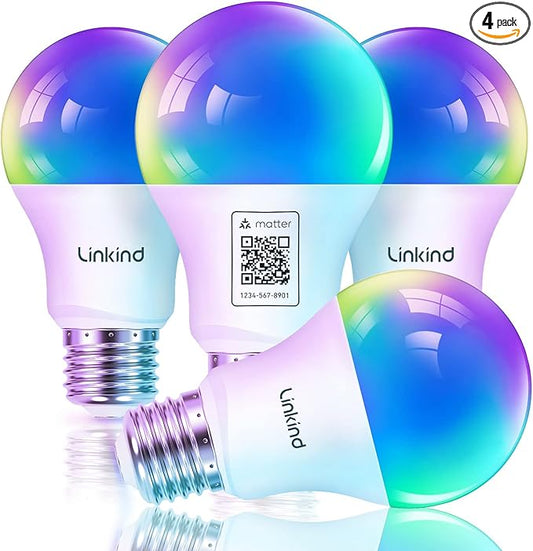 Linkind Matter Smart Light Bulb, Smart Bulbs Work with Apple Home, Siri, Alexa, Google, SmartThings, LED RGBTW Color Changing Bulbs Music Sync,A19 E26 60W 800LM, 2.4GHz WiFi Only, 4 Pack