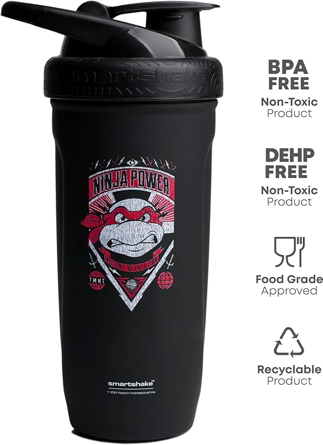 Smartshake TMNT Ninja Power Reforce Stainless Steel Protein Shaker Bottle 900 ml | 30 oz - Leakproof Screw-on Lid - BPA Free – Unisex - Non Insulated - Black