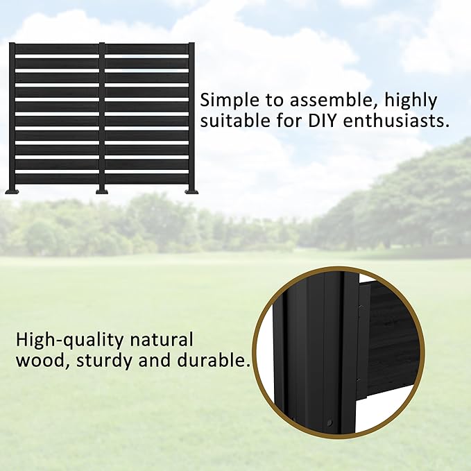 78” W x 60” H Wooden Air Conditioner Fences for Hard Ground & Soft Ground, 2 Outdoor Garden Fences, Privacy Screen Panels with Aluminum Stakes, Trash Can Pool Equipment Enclosure, Black