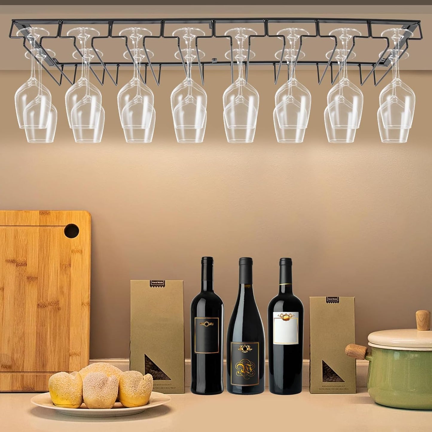 Wine Glass Rack Under Cabinet Stemware Wine Glass Holder Glasses Storage Hanger 8 Row Extreme Large Stemware Hanger Metal Bar Glasses Storage Rack for Kitchen