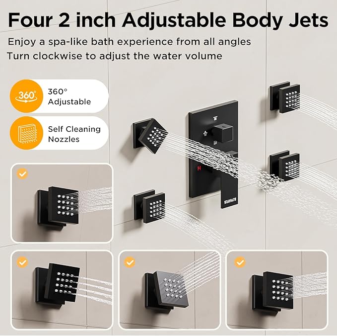 Shower Systems with 4 Body Spray Jets, STARBATH 4 Way 12+6" Rainfall Shower Head with Handheld Combo, Ceiling Mounted Shower Jets System in Wall Shower Faucet Sets Complete, Matte Black
