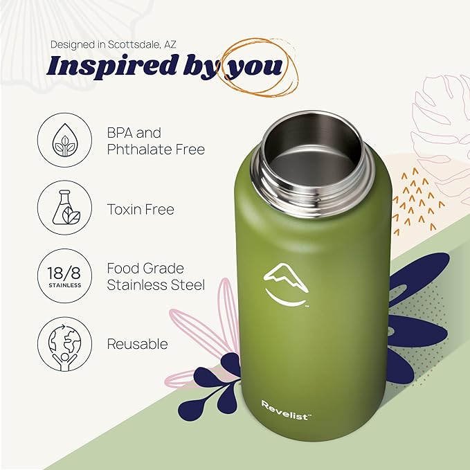 Revelist Sports Water Bottle - 32 Oz, 3 Lids (Straw Lid, Spout & Screw Top) with Boot, Vacuum Insulated Stainless Steel, Double Walled, Reusable Water Flask, Metal Canteen - Forest Green