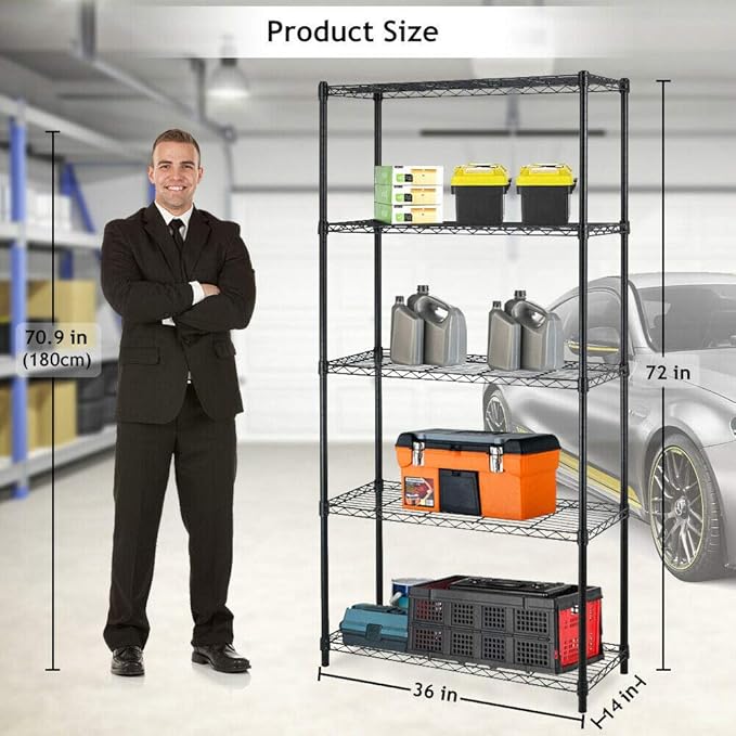 BestOffice | 5-Tier Wire Storage Shelves | 36x14x72 | Black | with Adjustable Racks | Heavy-Duty Metal Shelf, Holds Upto 1000 lbs | No-Tool Assembly | Ideal for Home & Garage Shelving