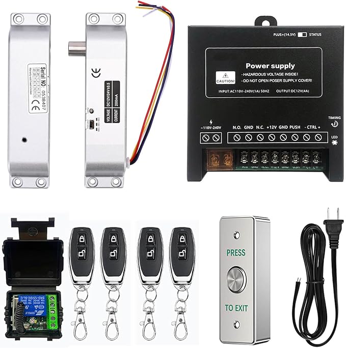 Electric Drop Bolt Lock with 4 Remote Controls Fail Secure Door Access Control Kit with Power Supply and Exit Button Easy DIY Install for Home/Office Security