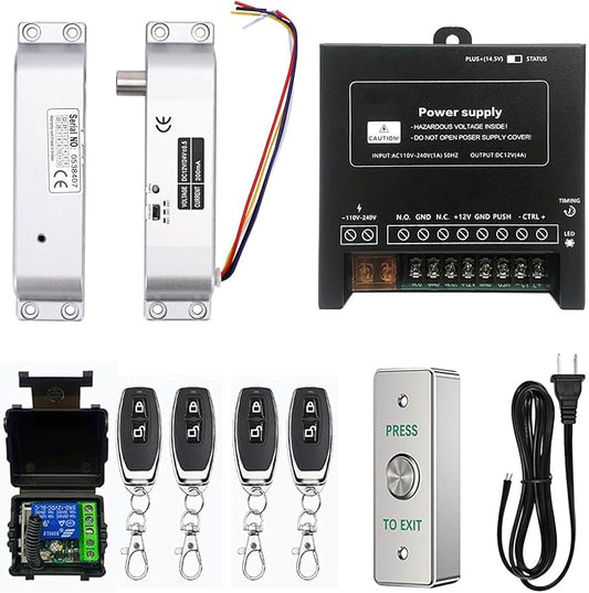 Electric Drop Bolt Lock with 4 Remote Controls Fail Secure Door Access Control Kit with Power Supply and Exit Button Easy DIY Install for Home/Office Security