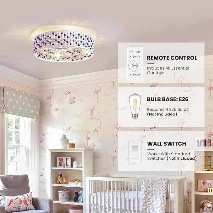 Moooni Colorful Wood Beaded Ceiling Fan with Light 19 inch Boho Wood Beaded Fandelier 6 Speed Flush Mount Ceiling Fan with Light Boho Fandelier