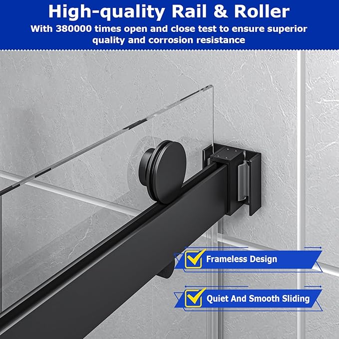 54"-60" W x 60" H Frameless Bathtub Shower Door, Double Sliding Shower Door,5/16"(8mm) Clear Tempered Glass,Easy Sliding Tub Shower Door with Explosion-Proof Film (Matte Black 60" Wx60 H)