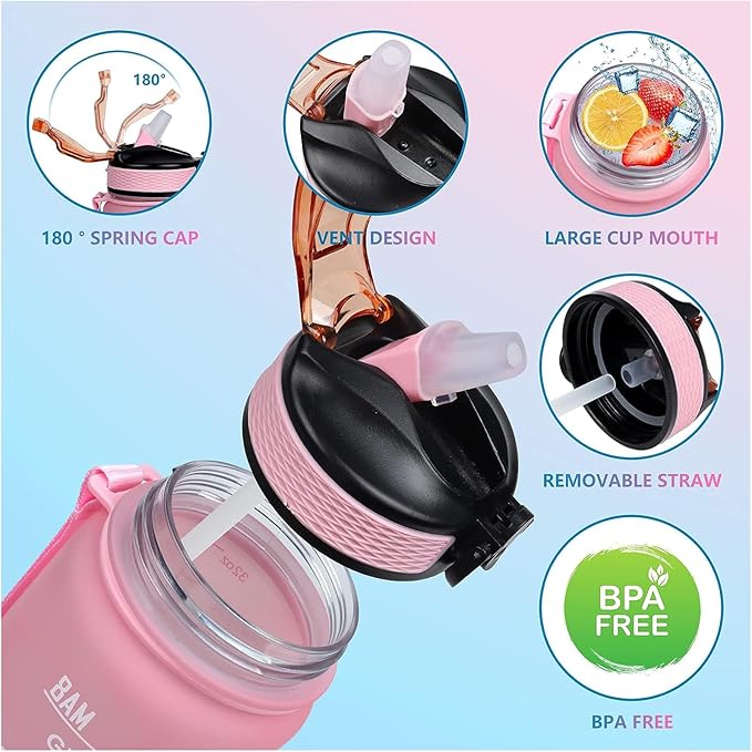 Floral Horse 32 oz Water Bottle with Times Marker to Drink and Straw, Carrying Strap, Leakproof Tritan BPA-Free, Ensure You Drink Enough Water for Fitness, Gym, Camping, Outdoor Sports