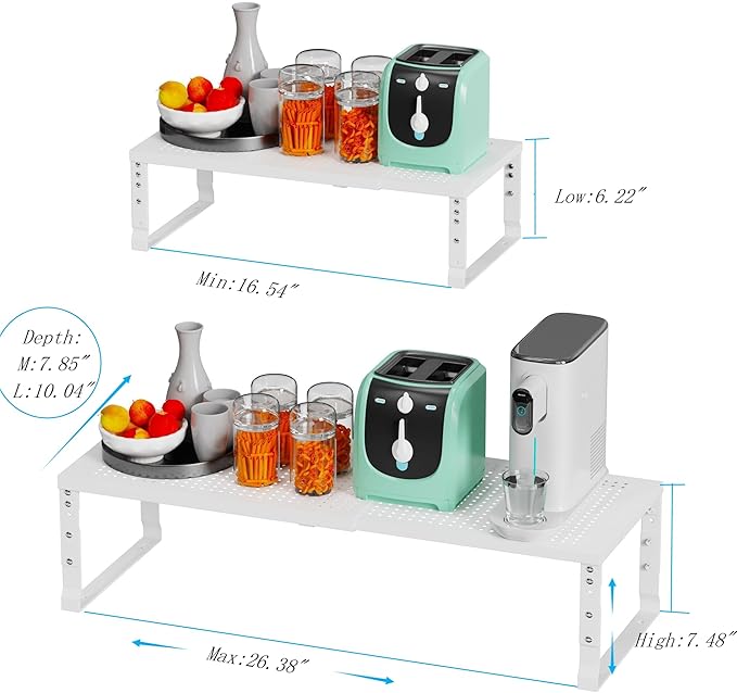 Expandable Spice Rack Kitchen Cabinet Shelf Organizer, Stackable Storage Shelves Racks, Adjustable Counter Shelving for Cabinets, Countertop, Cupboard,Pantry and More(2Packs/White/Large)