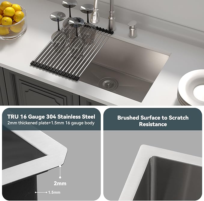 Lordear 27 Undermount Kitchen Sink 27X18 Inch Deep Single Bowl 16 Gauge Stainless Steel R10 Round Corner Under Counter Handmade Kitchen Sink Basin