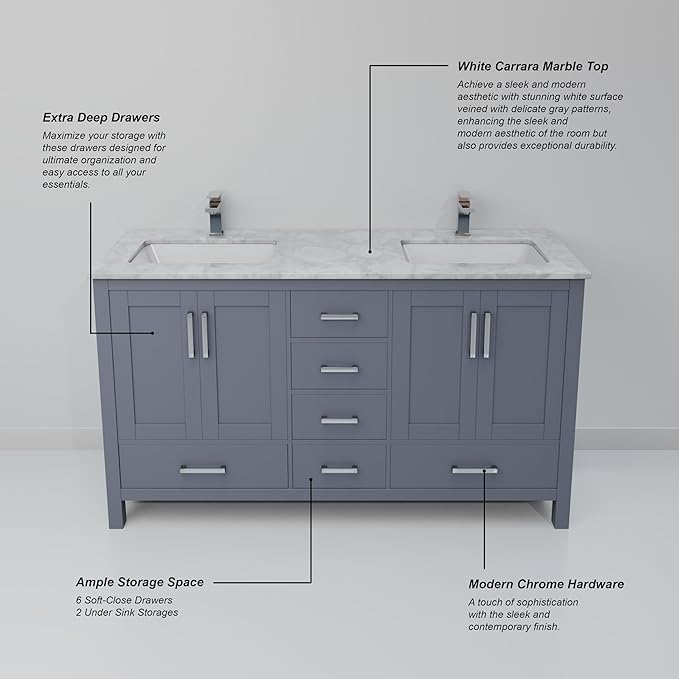 Big Sur 60 in. W x 22 in. D Dark Grey Double Bath Vanity and Carrara Marble Top