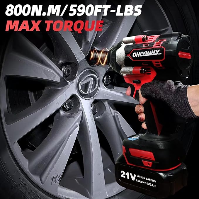 21V Cordless Impact Wrench 1/2" 800N.m (590Ft-lbs), Professional Brushless Impact Gun w/ 2×4.0Ah Batteries, Fast Charger, 3300RPM & LED Light for Auto/Home DIY/Repair/Deck