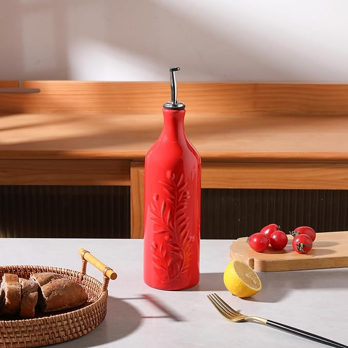 Sweejar Large Olive Oil Dispenser Bottle with Spout, 24 Oz Ceramic Oil Dispenser for Kitchen, Relief Opaque Cruet, Container for Cooking, EVOO, Vinegar, Pack of 1 (Red)