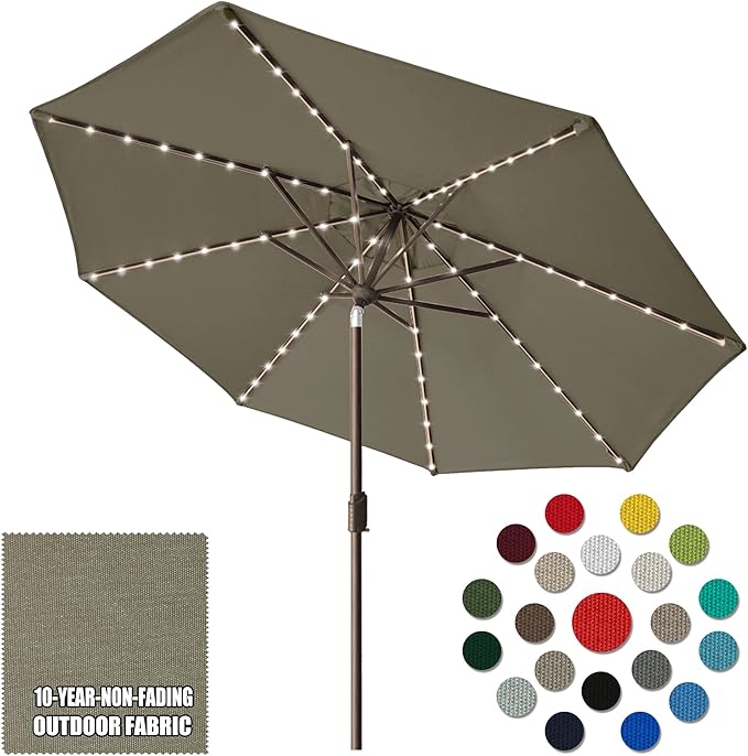 Eurmax USA 10-Year-Non-Fading 10Ft Solar Market Umbrella Outdoor Patio Umbrella Table Umbrella with LED Lights,8 Ribs,Hand Crank and Ventilation (Taupe)