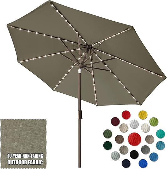 Eurmax USA 10-Year-Non-Fading 10Ft Solar Market Umbrella Outdoor Patio Umbrella Table Umbrella with LED Lights,8 Ribs,Hand Crank and Ventilation (Taupe)