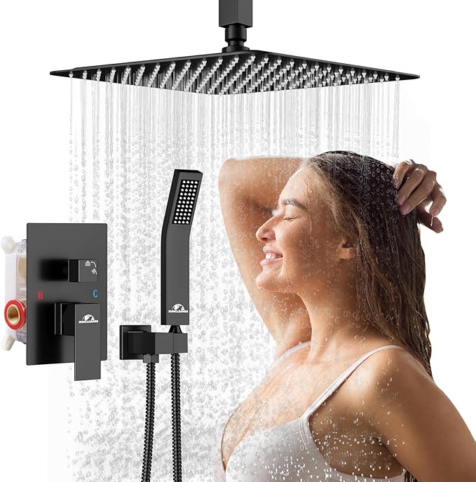 SunCleanse Rainfall Shower Faucet Set Matte Black Shower Combo Set for Bathroom with High Pressure 10 inch Shower Head with Handheld Shower Valves Shower Head and Handheld Ceiling Mounted