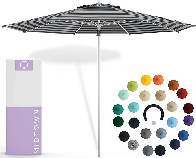 Midtown Umbrellas Push Pop Sunbrella Umbrella 10 Feet Large Outdoor Umbrella With Black & White Acrylic Fabric - Deck Patio Umbrella, Backyard Umbrella, Garden Umbrella & Pool Umbrella - Black Pole