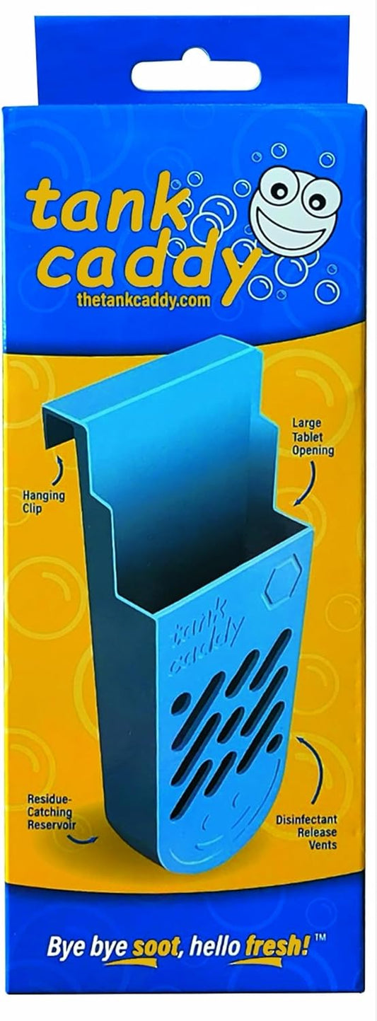 The Tank Caddy is a carrier that hangs inside your toilet tank, while trapping the soot that remains as blue and bleach tablets dissolve.