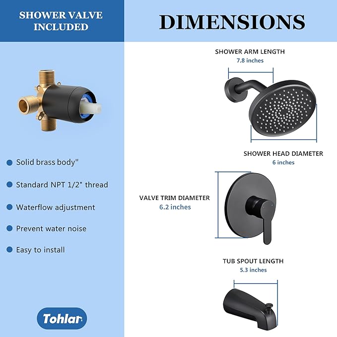 Tohlar Black Shower Faucet Set with Valve, 6-Inch Rain Shower Head and Faucet Combo, Single Handle Tub and Shower Trim Kit with Tub Spout, Matte Black