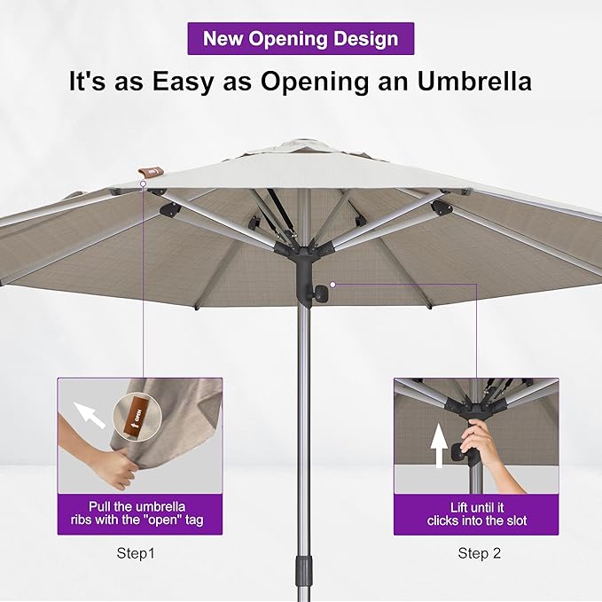 PURPLE LEAF 11.5 FT Semi-Auto Outdoor Patio Umbrella Market Table Sun Umbrellas with 8 Aluminum Sturdy Ribs for Backyard Deck Garden Pool (Silver Pole Beige Canopy)