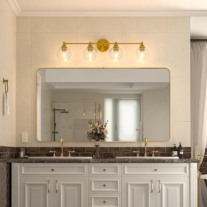 VONLUCE Bathroom Light Fixtures, 4-Light Vanity Light with Globe Glass Shades E26 Sockets, Bathroom Lights Over Mirror for Bedroom Hallway Living Room, Gold Finish