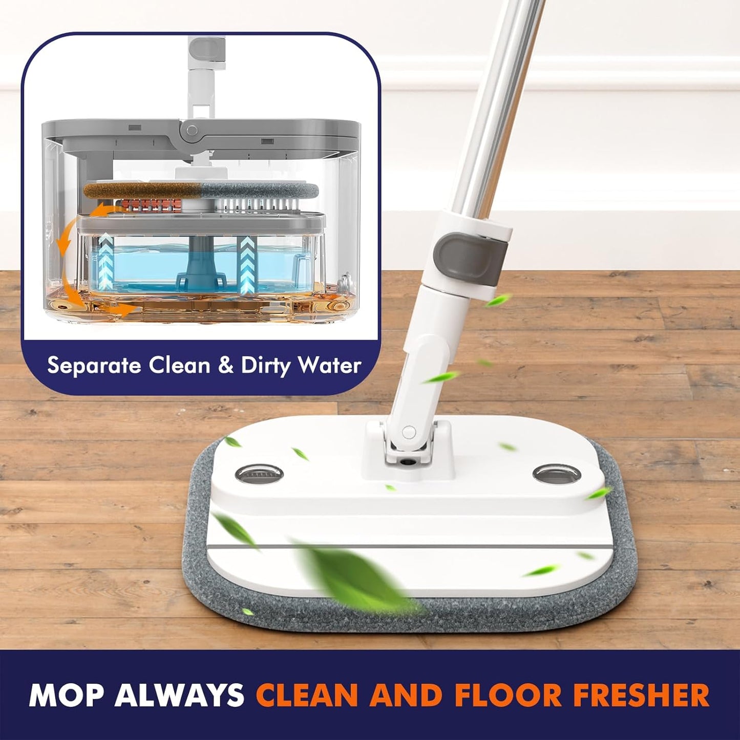 KZKR Spin Mop and Bucket Set with Self Separation Dirty and Clean Water System, Self Wringing 360° Rotating Square Mop Head for Home Floors Cleaning (2.0 Mop and Bucket Set (2 Pads))