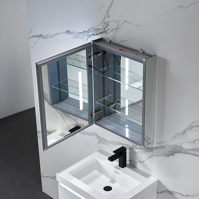 Blossom LED Lighted Medicine Cabinet Mirror for Bathroom 20x26 Inch - Left Hinge Recessed/Surface Mount - LED Mirror Cabinet with Lights - Defogger/3 Color Dimmer - Perfect Makeup Vanity