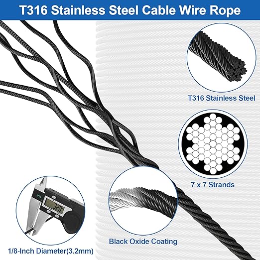 1000FT T316 Marine Grade 1/8" Stainless Steel Cable Kit w/Cutter, 7x7 Strand,1850lb Breaking Strength Wire Rope Cable for Deck Railings,Ideal for Indoor/Outdoor Railings DIY Installation, MY15