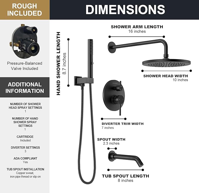 Lava Odoro Modern 3-Setting Round Rain Bathtub and Shower Faucet Set, Black Rainfall Shower Head and Handle Set, Rain Shower System with Tub Spout, Shower Valve Trim Kit, Matte Black, SF104-MB-T