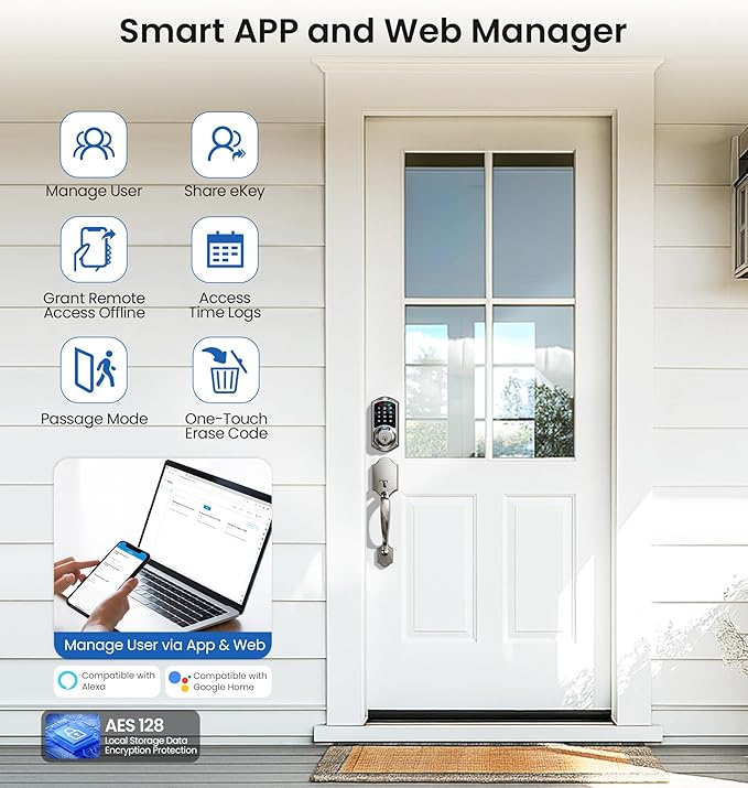 Veise VE07-H Fingerprint Smart Locks for Front Door with Handle Set, App Control, Keyless Entry Keypad Deadbolt, Digital Electronic Touchscreen, Easy Install, Auto Lock, Satin Nickel