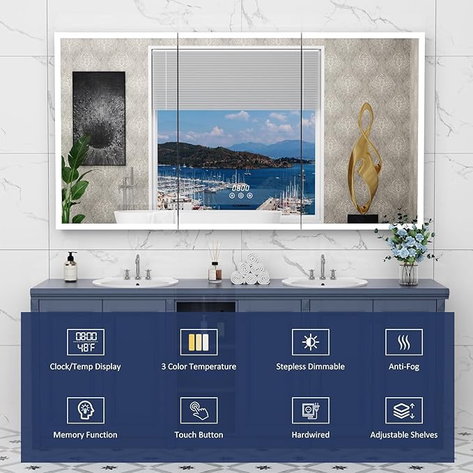 60"×32" Lighted Bathroom Medicine Cabinet with Mirror, Recessed Medicine Cabinet Mirror with Lights, Three Door LED Bathroom Mirror with Outlet & Clock, Dimming, Defogger, Memory Function