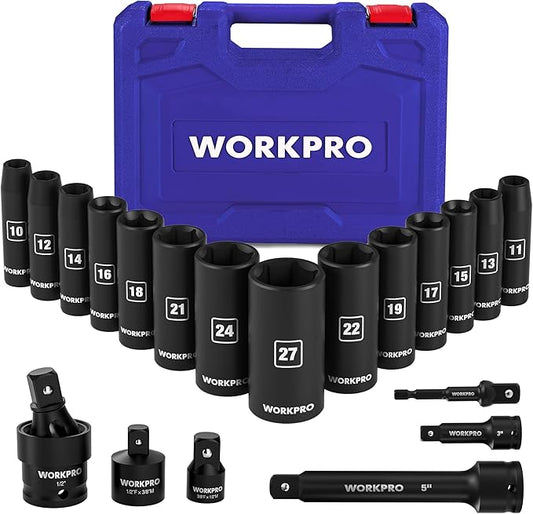 WORKPRO 20-Piece 1/2＂ Drive Deep Impact Socket Set, 6-Point, Cr-V Steel, 10-27mm, Universal Joint, Adapter and Extension Bar, Metric