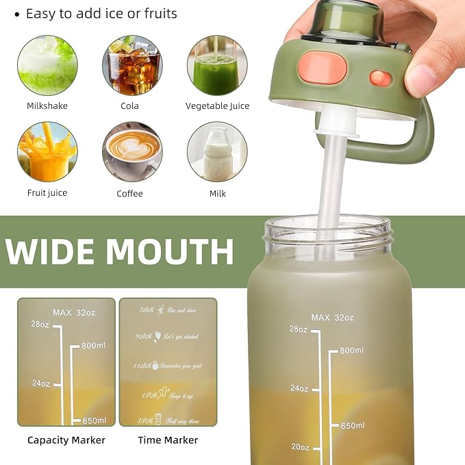 SIEROZUR 32 oz Glass Water Bottle with Straw and Handle Large Sports Motivational Water Bottle with Locking Lid and Time Marker Leakproof Water Jug for Daily Hydration Intake BPA Free