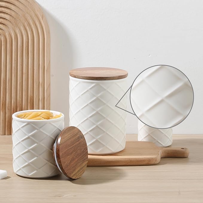 Sweejar Ceramic Canisters Sets for Kitchen Countertop, Relief Food Storage Jar with Bamboo Lid, Stackable Container for Flour, Coffee, Pasta, Cereal, Tea, Sugar, Spices, Pack of 4 (Walnut White)